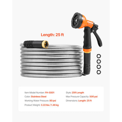 FH-SS01 - 25 ft Stainless Steel Hose with 10-Pattern Nozzle