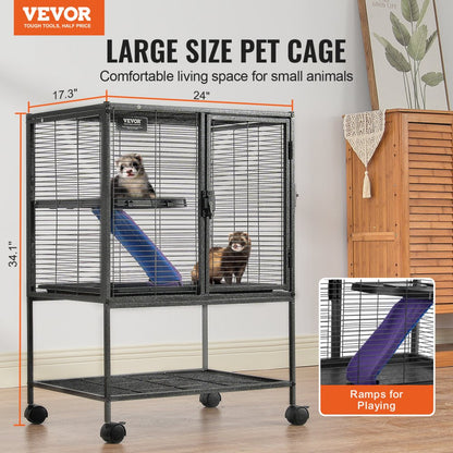 JM-XC-081 - 24"x17.3"x34" 2-Tier Metal Ferret Cage with Rolling Base