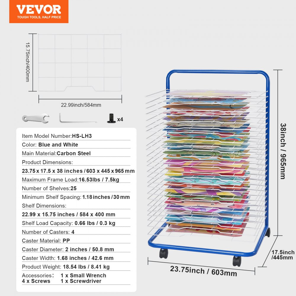 HS-LH3 - VEVOR Art Drying Rack with 25 Adjustable Shelves, All-Metal Design