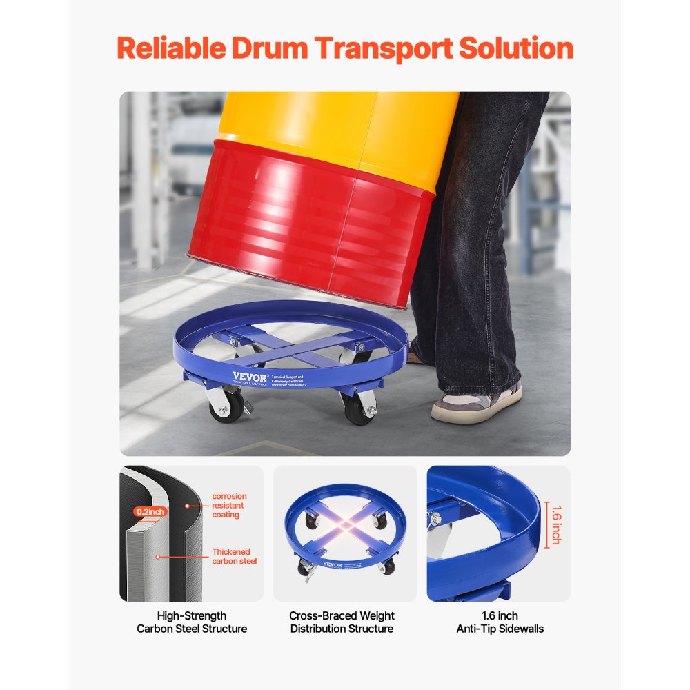 2000LB55-4 - 55-Gallon Drum Dolly with 2000 lb Capacity & 4 Casters