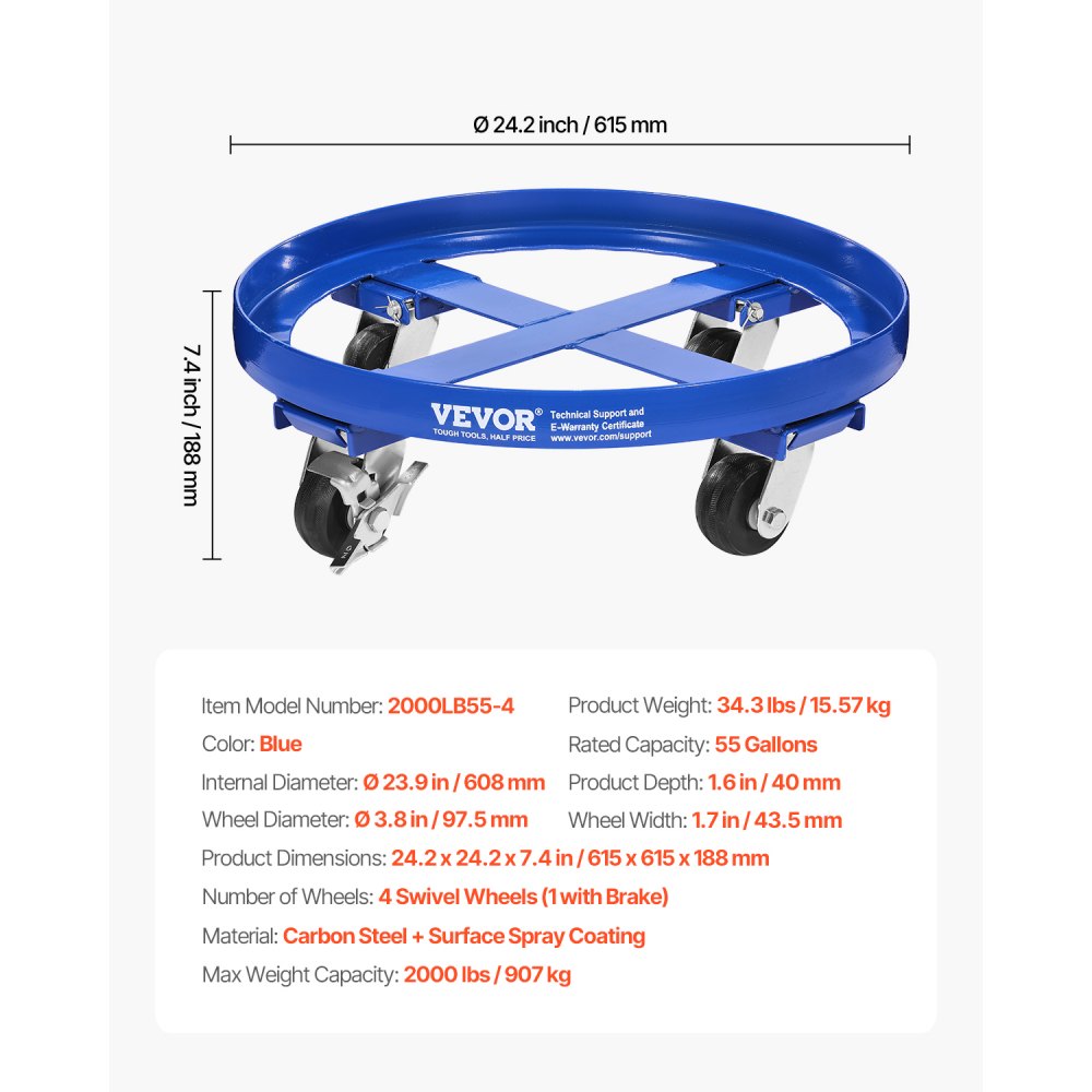 2000LB55-4 - 55-Gallon Drum Dolly with 2000 lb Capacity & 4 Casters