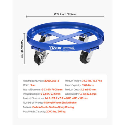 2000LB55-4 - 55-Gallon Drum Dolly with 2000 lb Capacity & 4 Casters
