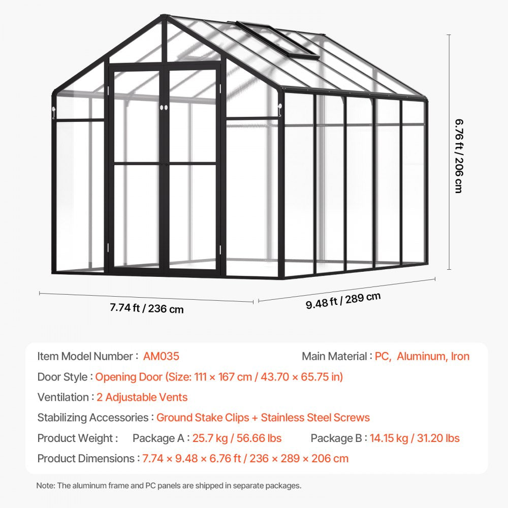 AM035 - 8x10 Ft Polycarbonate Greenhouse with Adjustable Vents