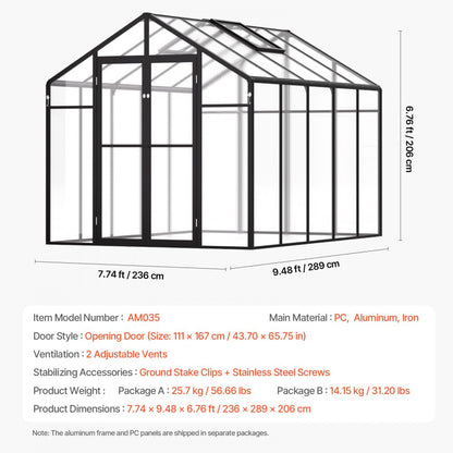 AM035 - 8x10 Ft Polycarbonate Greenhouse with Adjustable Vents