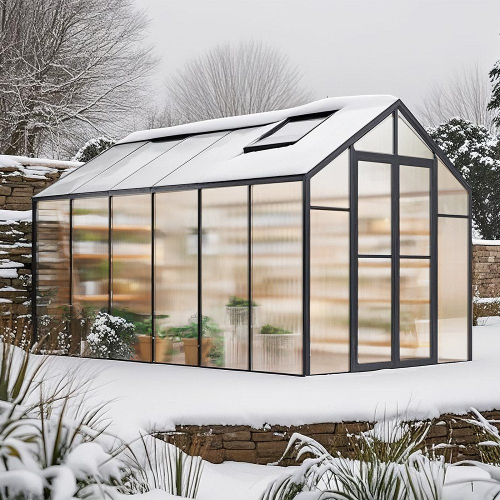 AM036 - 8x12 Ft Polycarbonate Walk-In Greenhouse with Dual Ventilation