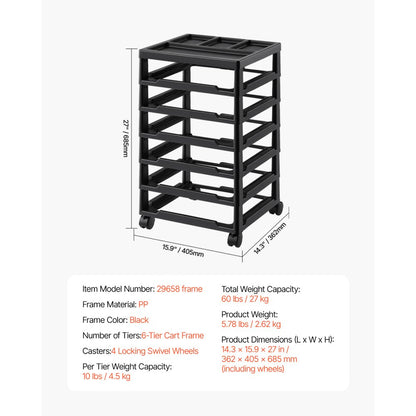 29658 - 6-Tier Rolling Craft Cart with Locking Wheels, 14.3in x 15.9in x 27in