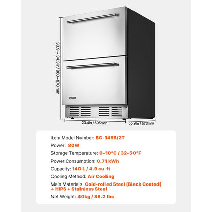 BC-145B/2T - 24" Dual Drawer Stainless Steel Refrigerator with 140L Capacity