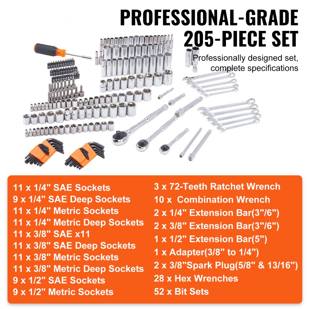 XL3264 - 205-Piece VEVOR Automotive Tool Set & Storage Case