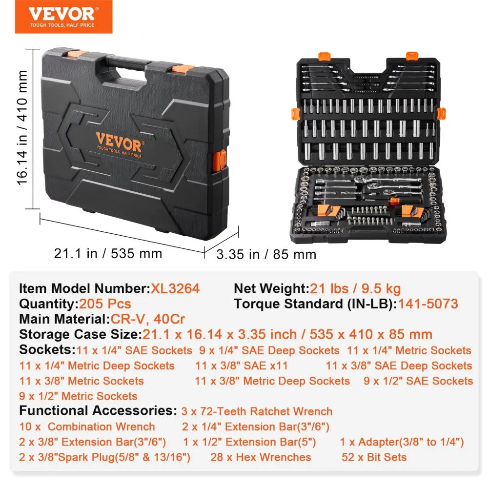 XL3264 - 205-Piece VEVOR Automotive Tool Set & Storage Case