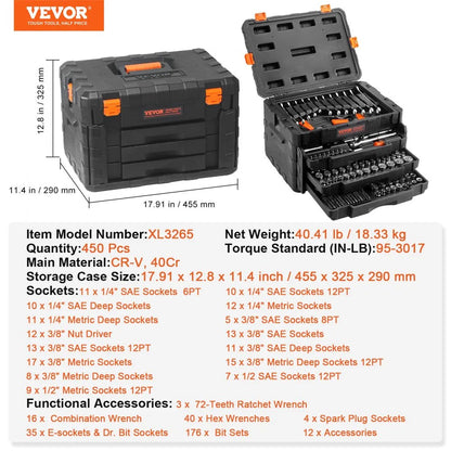 XL3265 - 450-Piece VEVOR Tool Set for DIY and Repairs