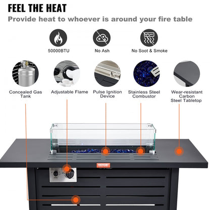QL-001 Gas Fire Pit - 43" 50000 BTU Table with Rain Shield & Ignition