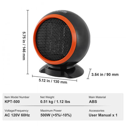 KPT-500 - Compact 500W Electric Space Heater 5.12"x3.54"x5.75"