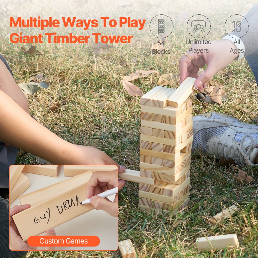 NTMN1001 - 54 Pine Wood Tumbling Blocks Tower Game, 2ft High