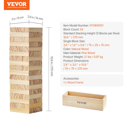 NTMN1001 - 54 Pine Wood Tumbling Blocks Tower Game, 2ft High