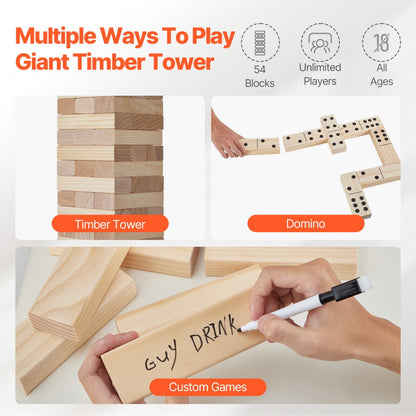 NTGW1401 - 54-Piece Wooden Tumbling Tower & Domino Game, 18"-36" Height