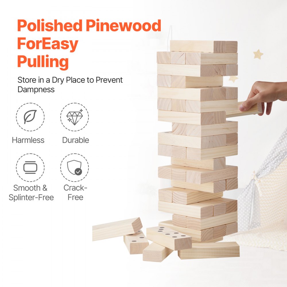 NTGW1401 - 54-Piece Wooden Tumbling Tower & Domino Game, 18"-36" Height
