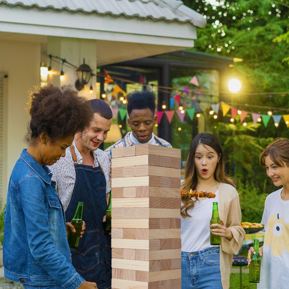 NTGW1401 - 54-Piece Wooden Tumbling Tower & Domino Game, 18"-36" Height