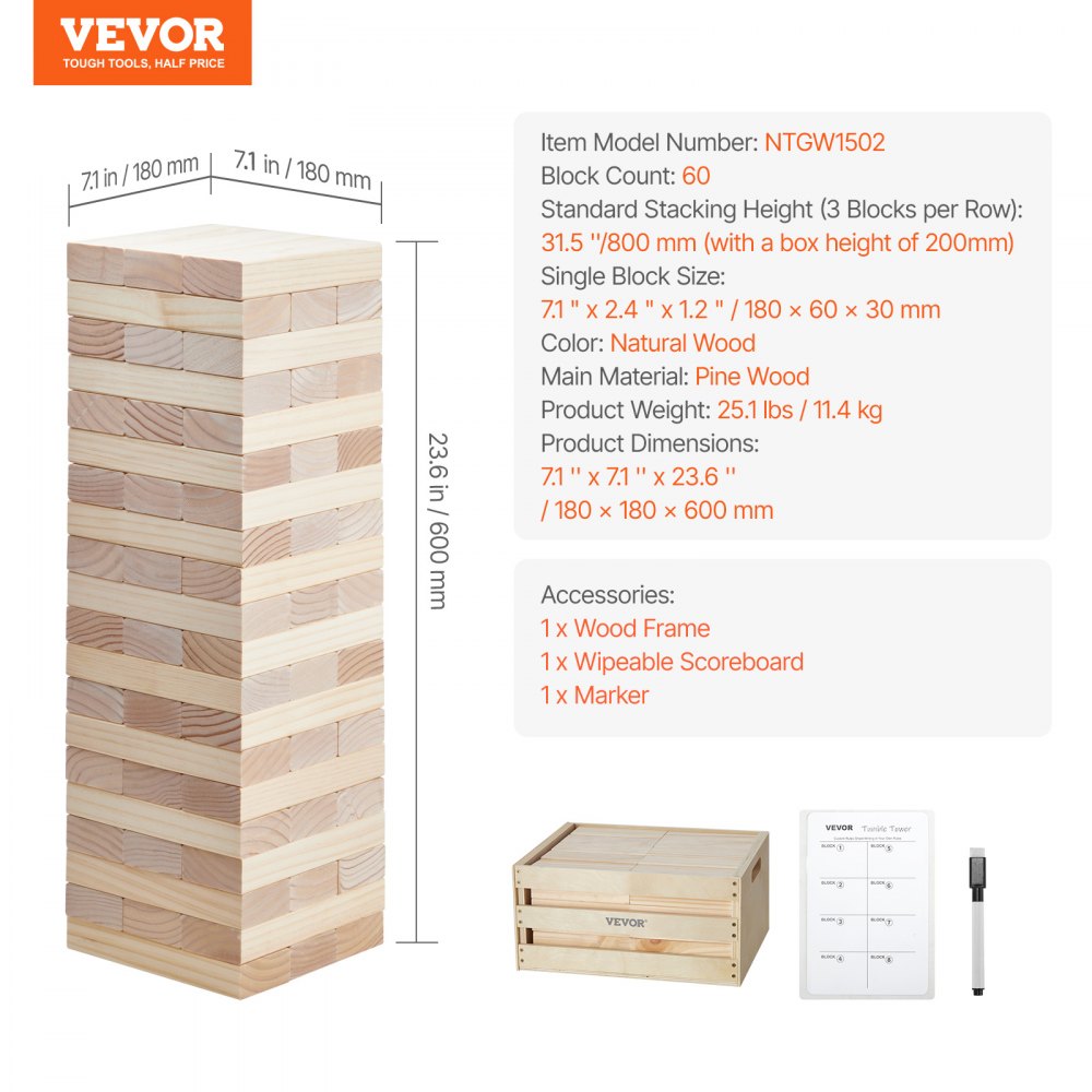 NTGW1502 - 60 Blocks Tumble Tower Game with Custom Rules, 5.5ft High