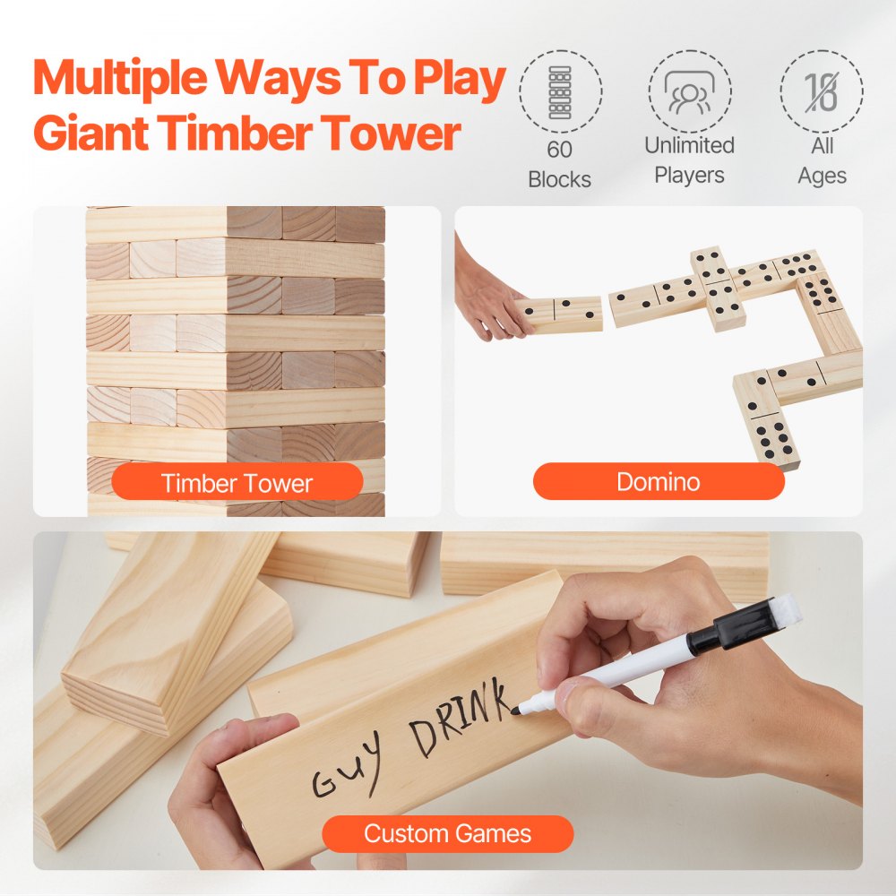 NTGW1501 - 60 Pine Wood Tumbling Tower Blocks Game, 7.1"x2.4"x1.2"