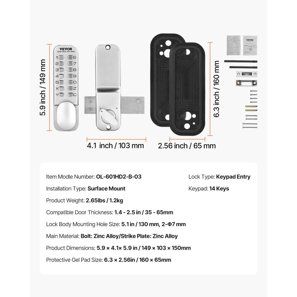 OL-601HD2-B-03 - Keyless Zinc Alloy Door Lock for 1.4-2.5" Thick Doors