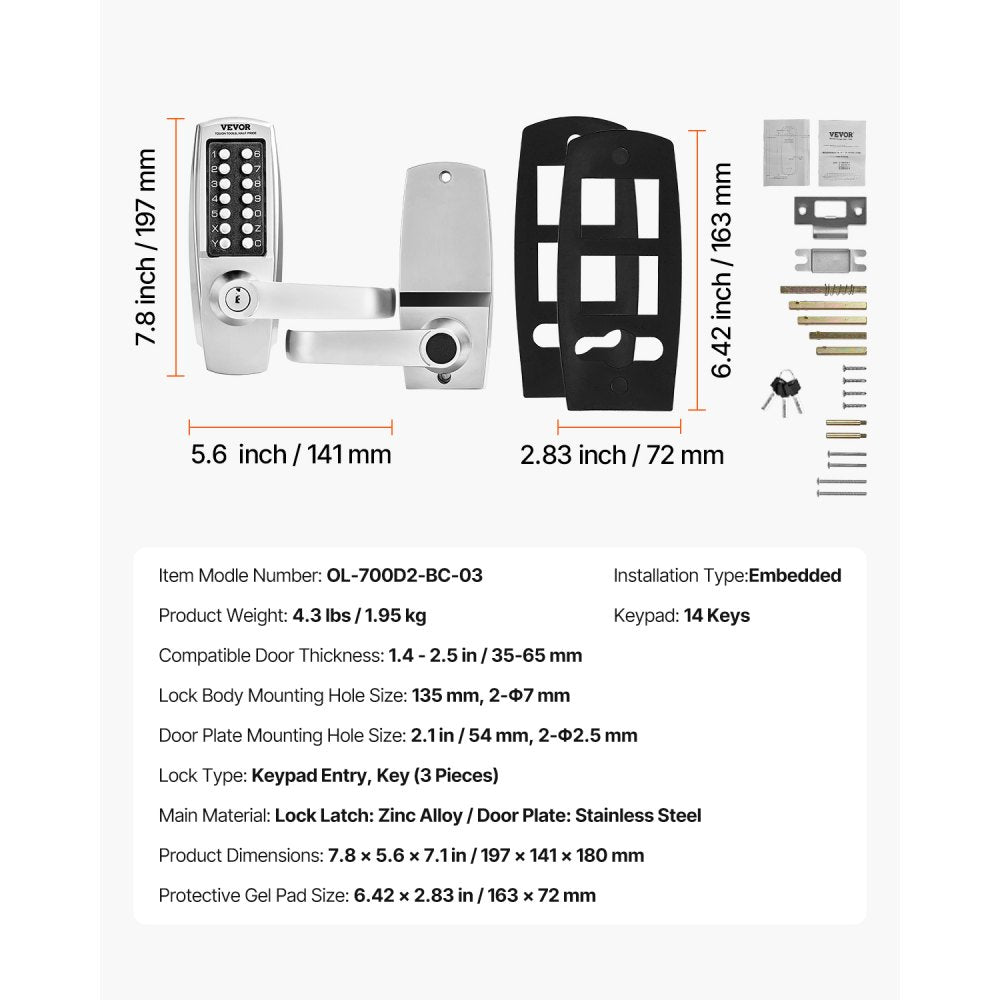 OL-700D2-BC-03 - Keyless Mechanical Door Lock, 1.4-2.5" Thick Compatible