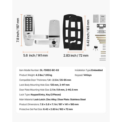 OL-700D2-BC-03 - Keyless Mechanical Door Lock, 1.4-2.5" Thick Compatible