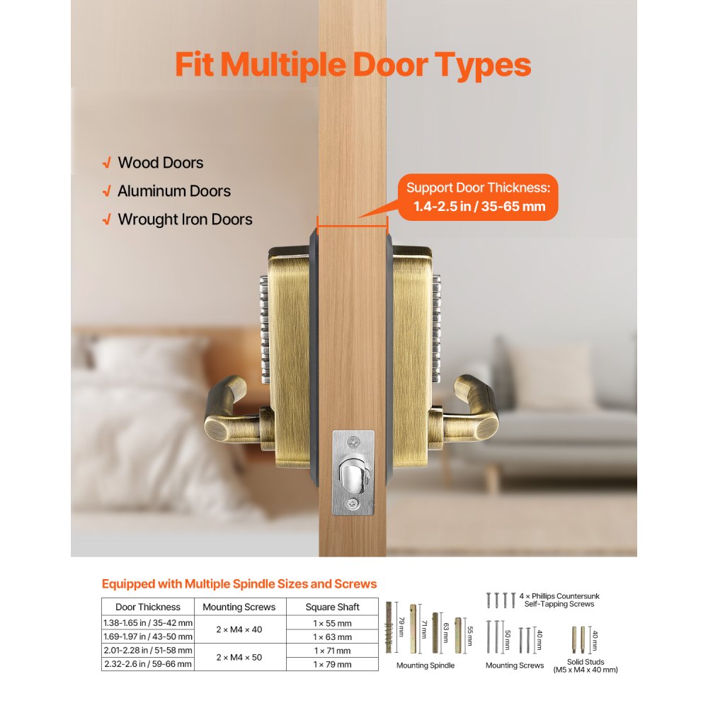 OL-209S2-BY-C-07 - Keyless Mechanical Door Lock for 1.4-2.5 Inch Thickness