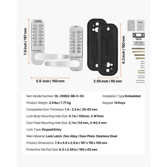 OL-209S2-BB-C-03 - Keyless Mechanical Door Lock for 1.4-2.5” Thick Doors