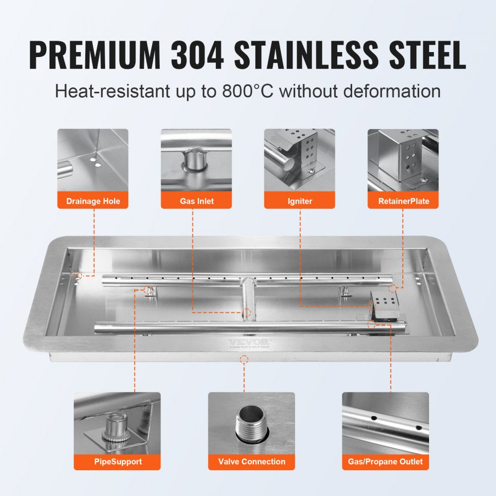 1050262 - 24 x 8 Inch Stainless Steel Fire Pit Pan with Dual Gas Options
