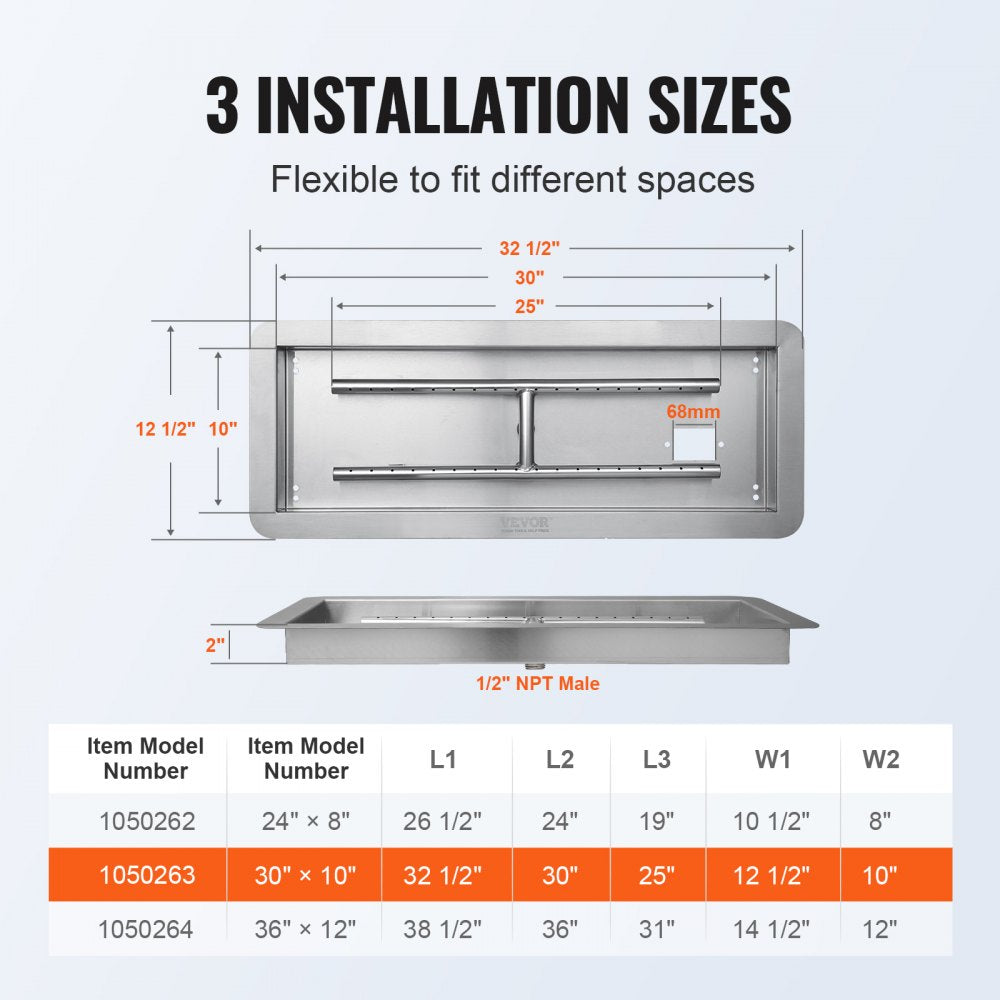 1050263 - 30x10" Stainless Steel Fire Pit Burner with Accessories