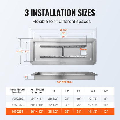 1050264 - Durable 36"x12" Stainless Steel Fire Pit Pan with Accessories