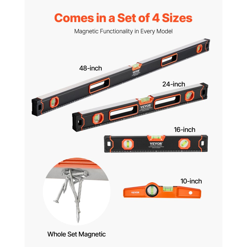 SP-C4 - VEVOR 4-Piece Magnetic Level Set with 10-48 Inch Sizes