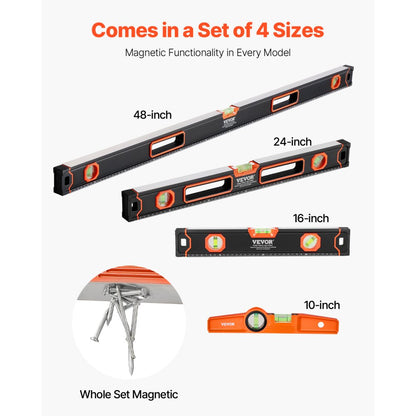 SP-C4 - VEVOR 4-Piece Magnetic Level Set with 10-48 Inch Sizes
