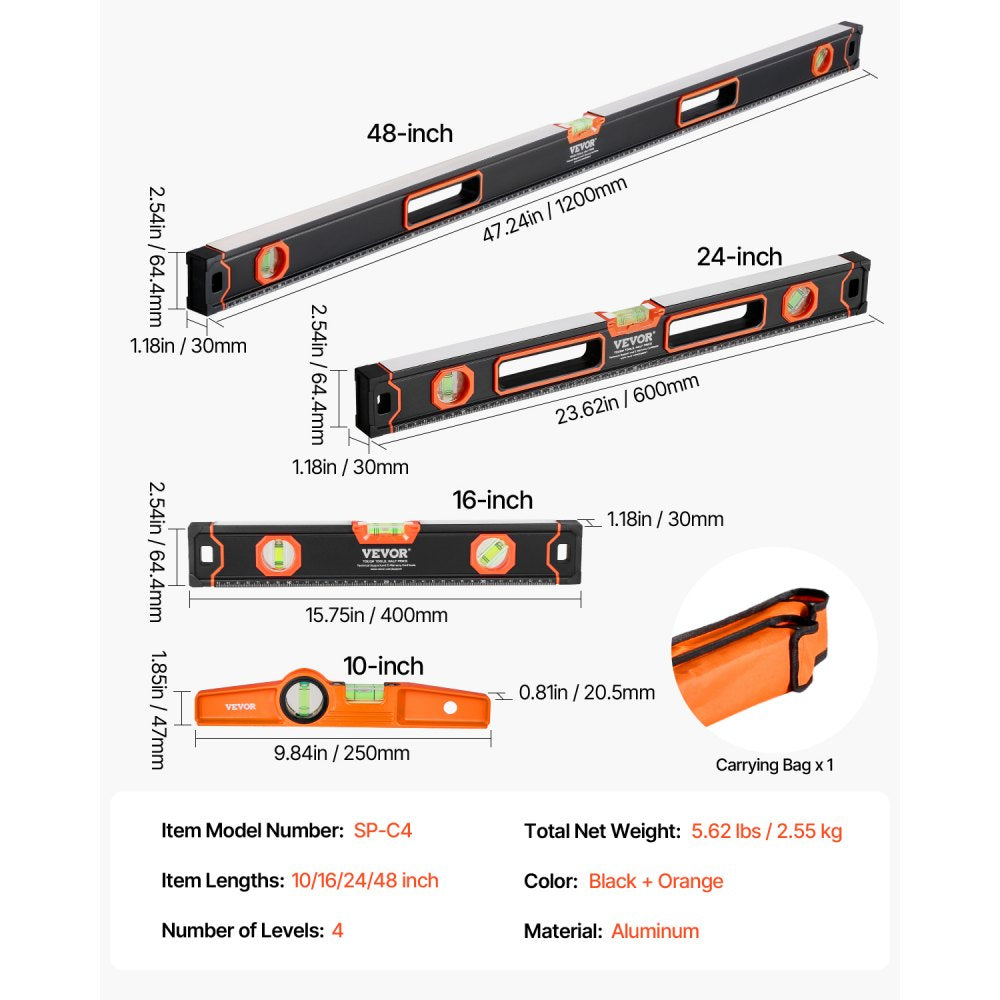 SP-C4 - VEVOR 4-Piece Magnetic Level Set with 10-48 Inch Sizes