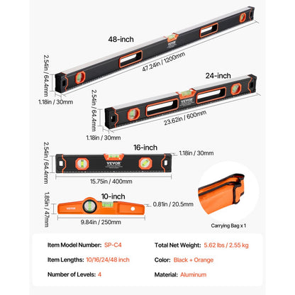 SP-C4 - VEVOR 4-Piece Magnetic Level Set with 10-48 Inch Sizes
