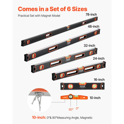 SP-N6 - Robust 6-Piece Level Set with 10-78 Inch Sizes