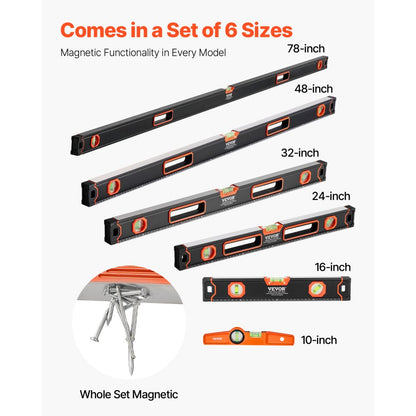 SP-C6 - VEVOR 6-Piece Durable Aluminum Level Set with Magnetic Design