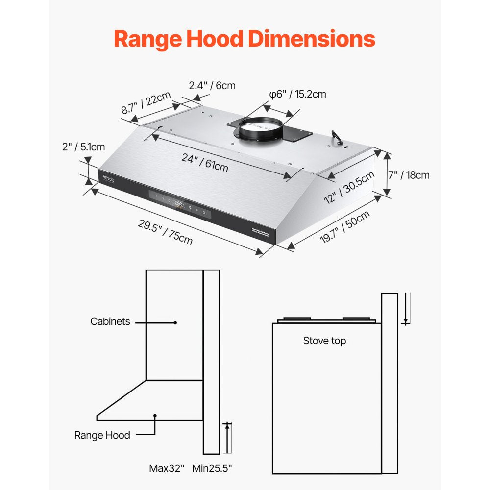 UC19S-EH30 - VEVOR 30" Range Hood with 900CFM Airflow & Touch Control