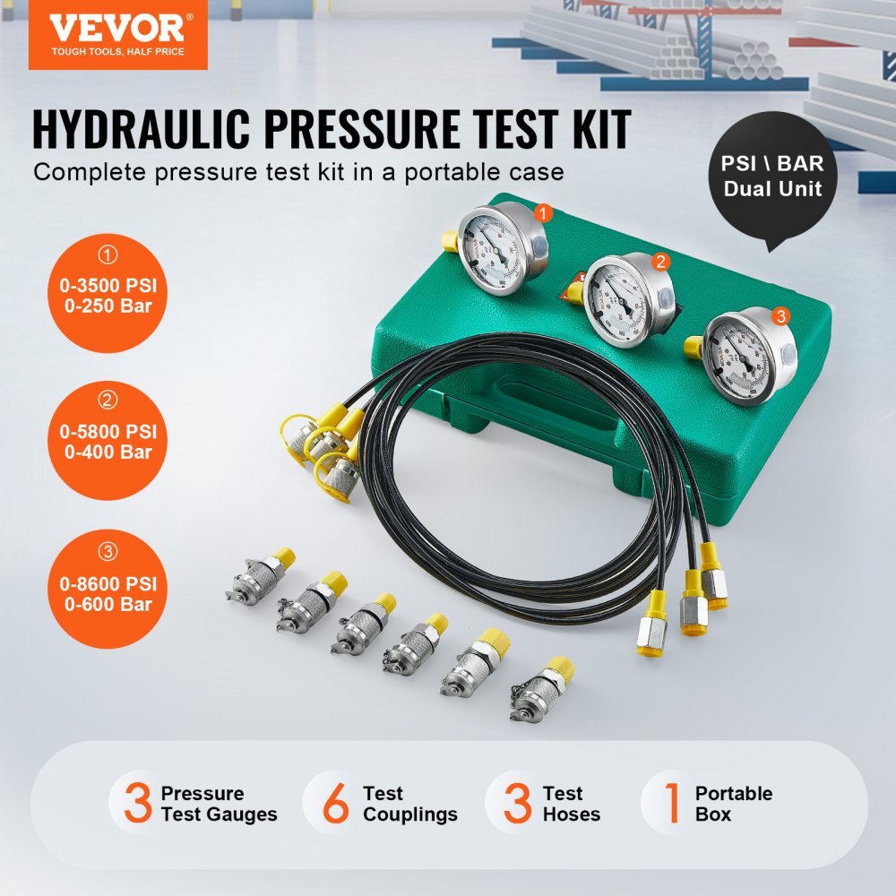 TKS-2 - VEVOR 3-Gauge Hydraulic Pressure Test Kit for Excavators