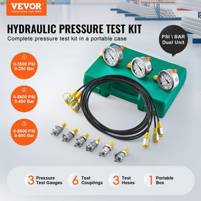 TKS-2 - VEVOR 3-Gauge Hydraulic Pressure Test Kit for Excavators
