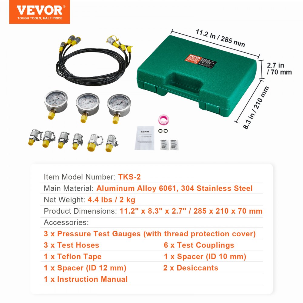 TKS-2 - VEVOR 3-Gauge Hydraulic Pressure Test Kit for Excavators