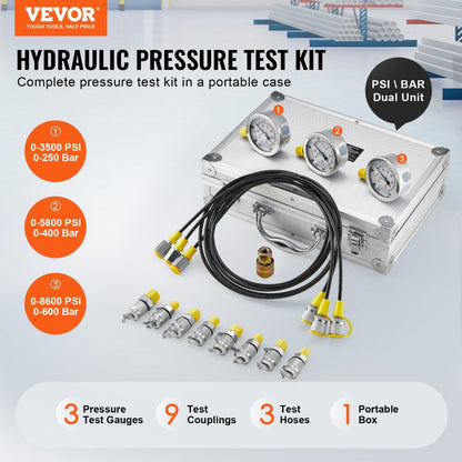 TKS-3 - Reliable Hydraulic Test Kit with 3 Gauges, 250-600 Bar Capacity