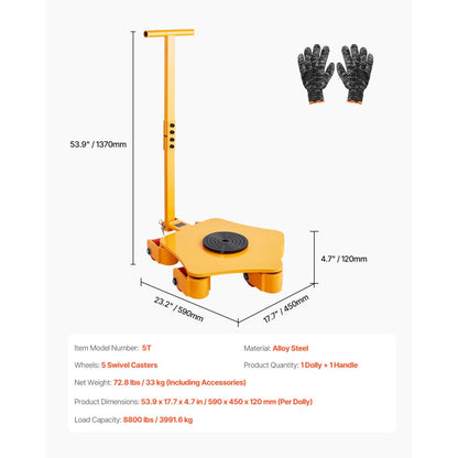 5T - Heavy-Duty Machinery Skate, 8800 lbs Capacity, 360° Rotating Wheels