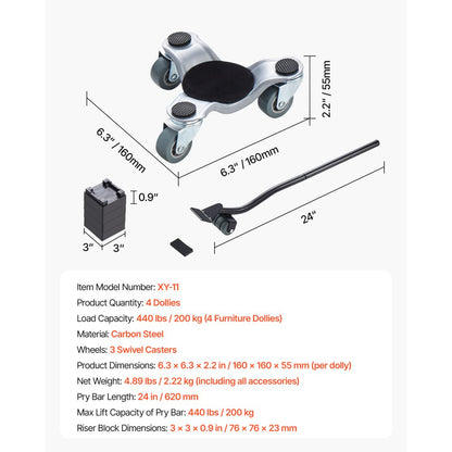 XY-11 - Heavy-Duty 440 lbs Steel Furniture Dolly with Precision Wheels