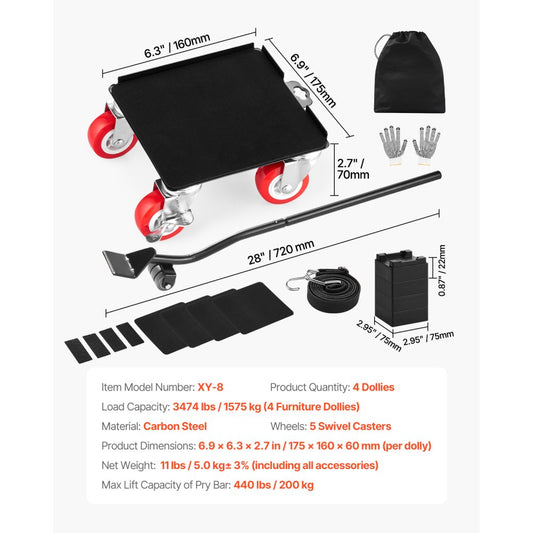 XY-8 - Heavy Duty 5-Wheel Furniture Dolly with 3474 lbs Capacity