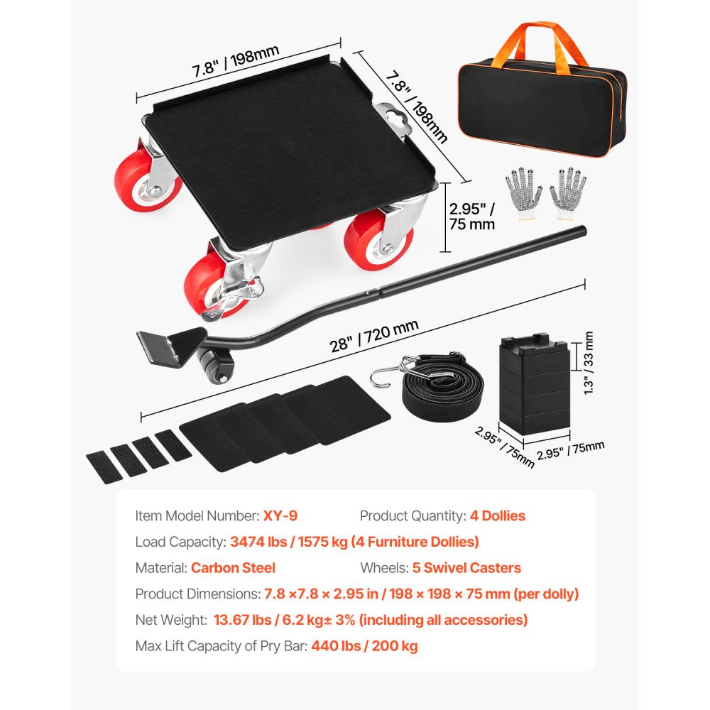 XY-9 - Heavy Duty 5-Wheel Furniture Dolly with 3474 lbs Capacity