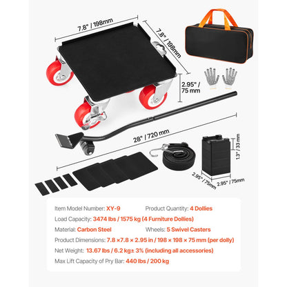 XY-9 - Heavy Duty 5-Wheel Furniture Dolly with 3474 lbs Capacity