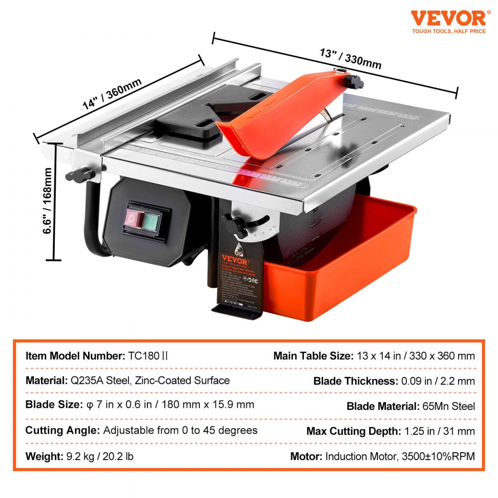 TC180Ⅱ - Compact Wet Tile Saw for Precise Cuts, 3500 RPM Induction Motor