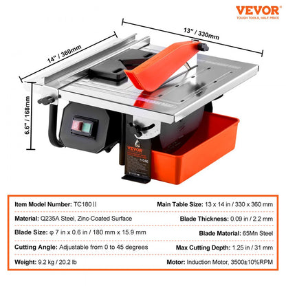 TC180Ⅱ - Compact Wet Tile Saw for Precise Cuts, 3500 RPM Induction Motor