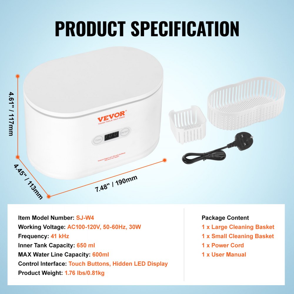 SJ-W4 - VEVOR 650ml Ultrasonic Jewelry Cleaner for Sparkling Shine